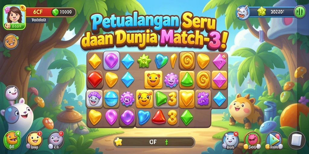 Tangkapan layar 6CF menampilkan gameplay match-3 yang penuh warna dan menyenangkan.