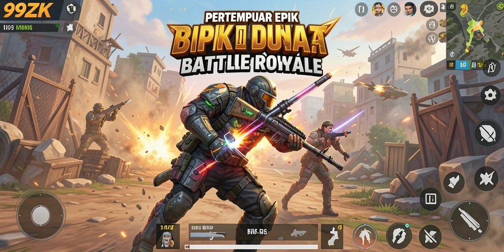 Screenshot 99ZK menampilkan aksi pertempuran Battle Royale yang mendebarkan.