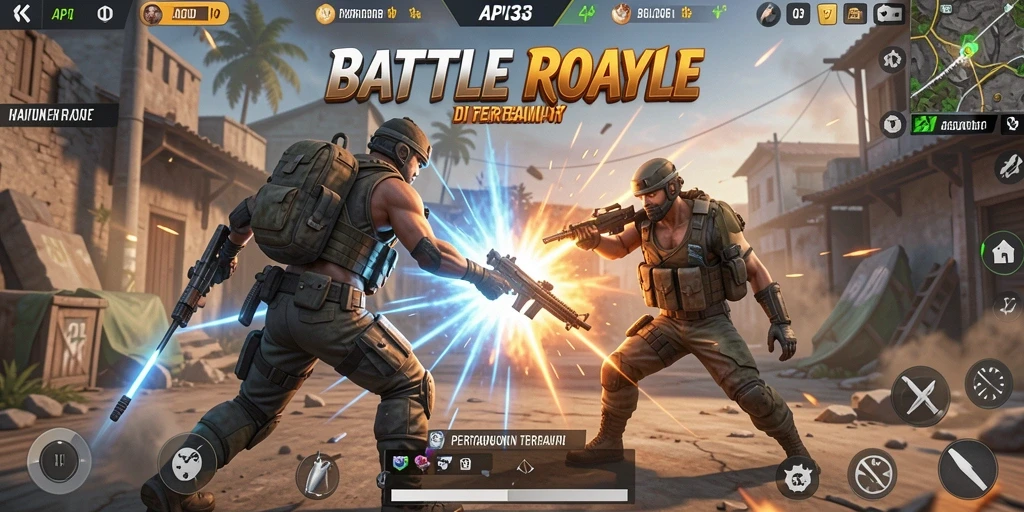 Screenshot gameplay API33 menunjukkan aksi mendebarkan dalam Battle Royale.