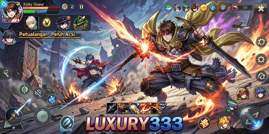Tangkapan layar gameplay LUXURY333 menampilkan aksi seru dan karakter anime.