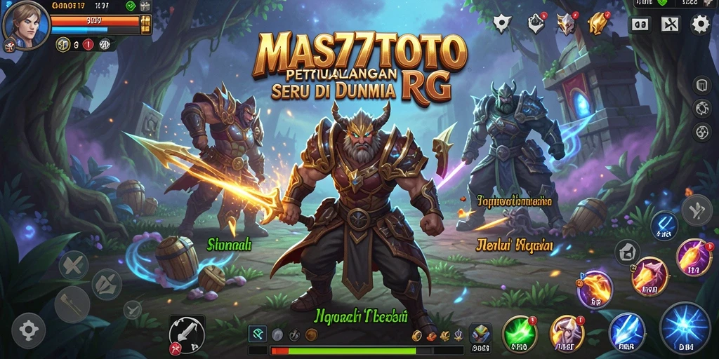 Tangkapan layar utama MAS77TOTO menampilkan aksi pertarungan seru di dunia fantasi RPG.