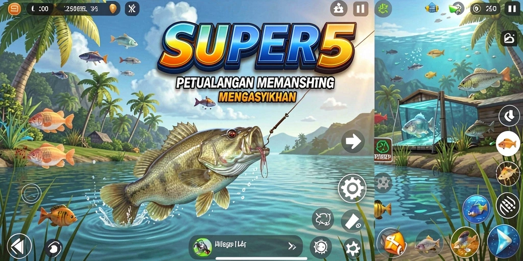 Screenshot gameplay SUPER5 yang menunjukkan aksi memancing yang menarik.