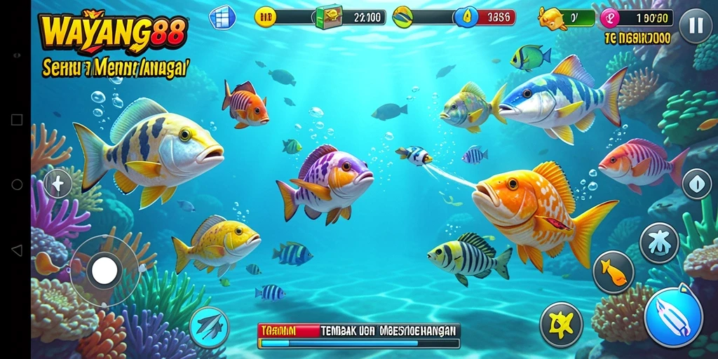 Tampilan screenshot gameplay <strong>WAYANG88</strong> yang penuh dengan ikan warna-warni.